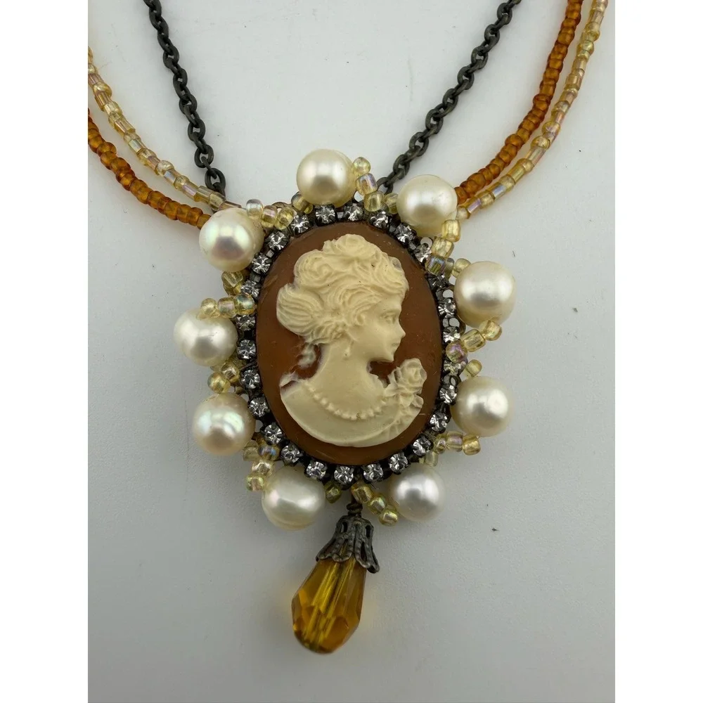 Cookie Lee Cameo Necklace Brown Excellent Multi-Strand Pearl Rhinestone Vintage